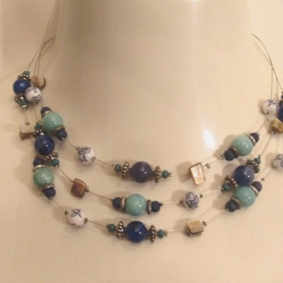 Layered Glass Genuine Stones MOP Stainless Steel Floating Necklace - Picture 6 of 12